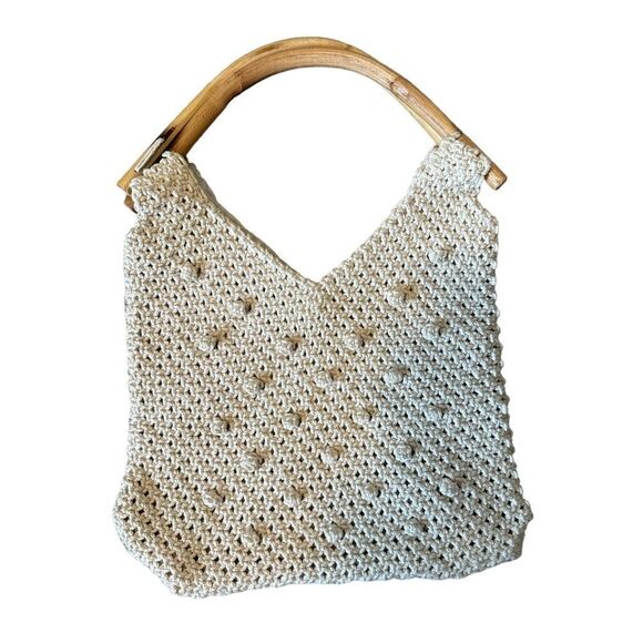 Mister Ernest Vintage 1970’s Wooden Handled Ivory Macrame Shoulder Bag - Picture 1 of 13